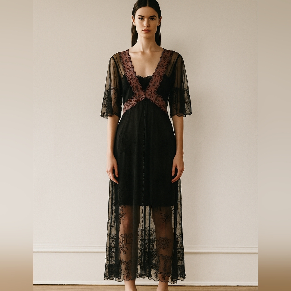 Sheer Black Midi Dress with Rose Lace Trim
